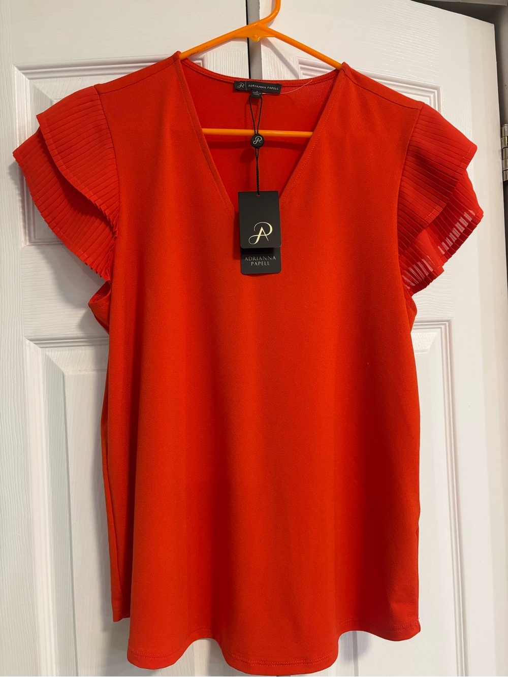 Adrianna Papell Bright orange V-Neck Top with Pleated Flutter Sleeves